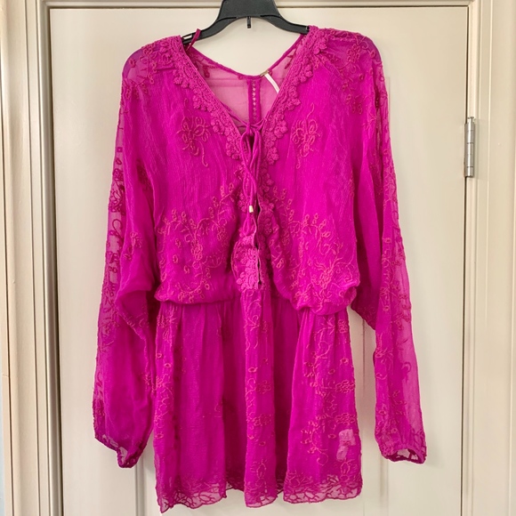 Free People Tops - Free People Magenta Embroidered Eyelet Detail Top